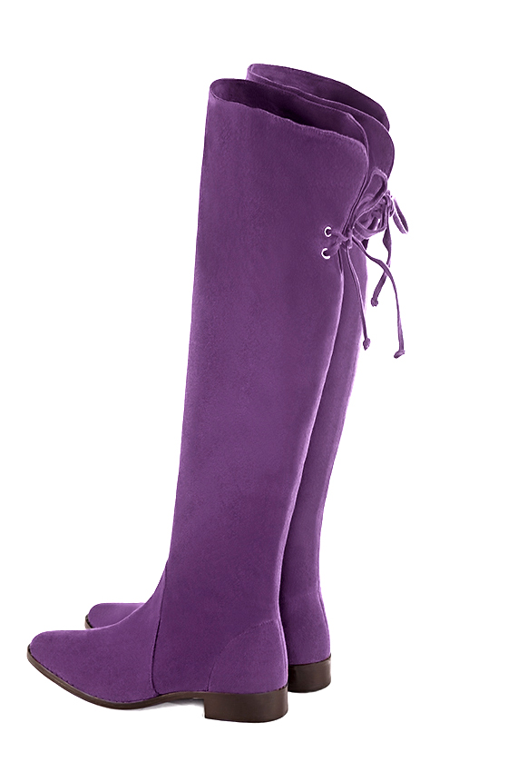 Amethyst purple women's leather thigh-high boots. Round toe. Flat leather soles. Made to measure. Rear view - Florence KOOIJMAN